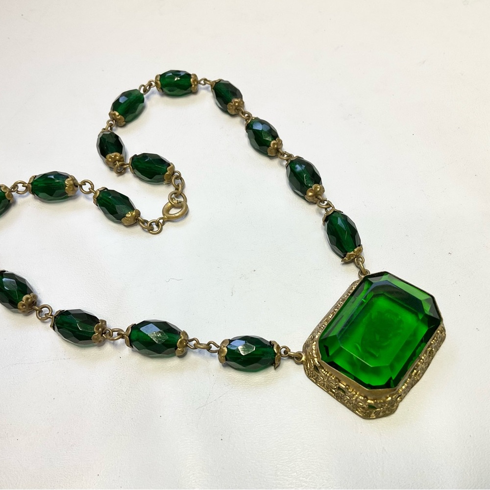 Art Deco Czech Glass Rose Reverse Carved Choker Necklace Signed Czechoslovakia